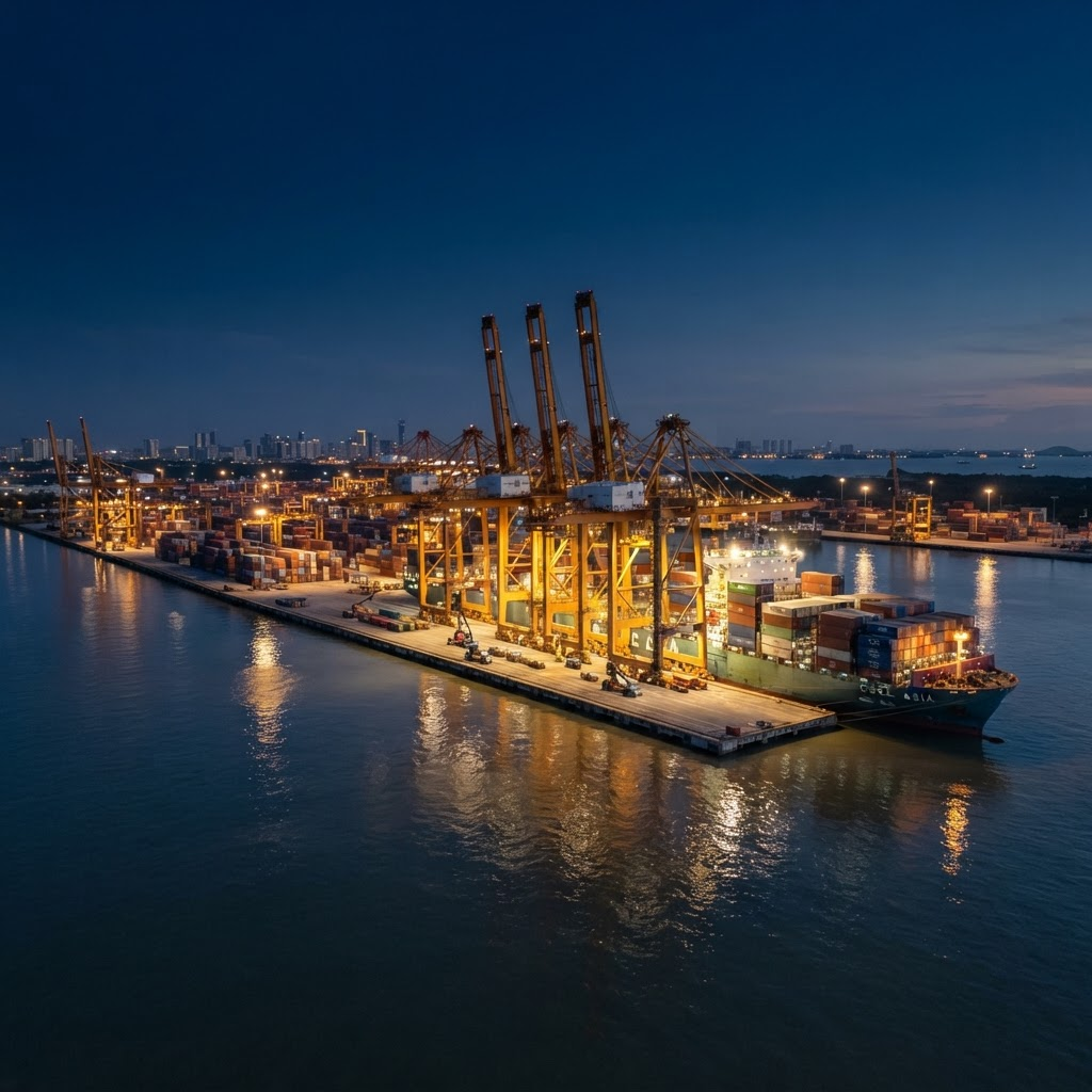 Container port at blue hour with ship-to-shore cranes loading a cargo vessel